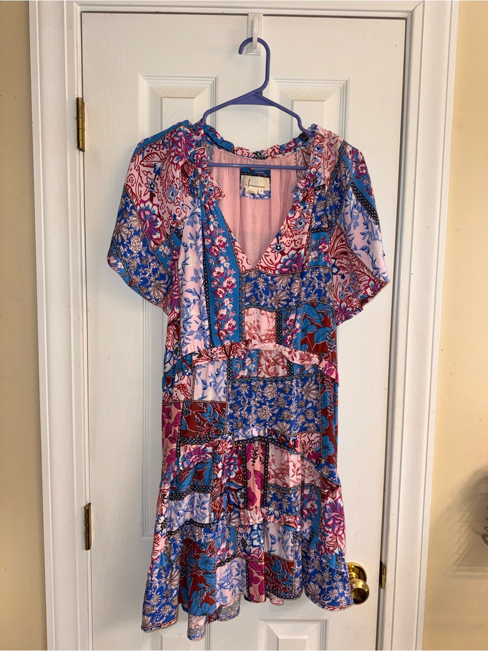 Anthropologie Pink Floral-Trim V-Neck Dress